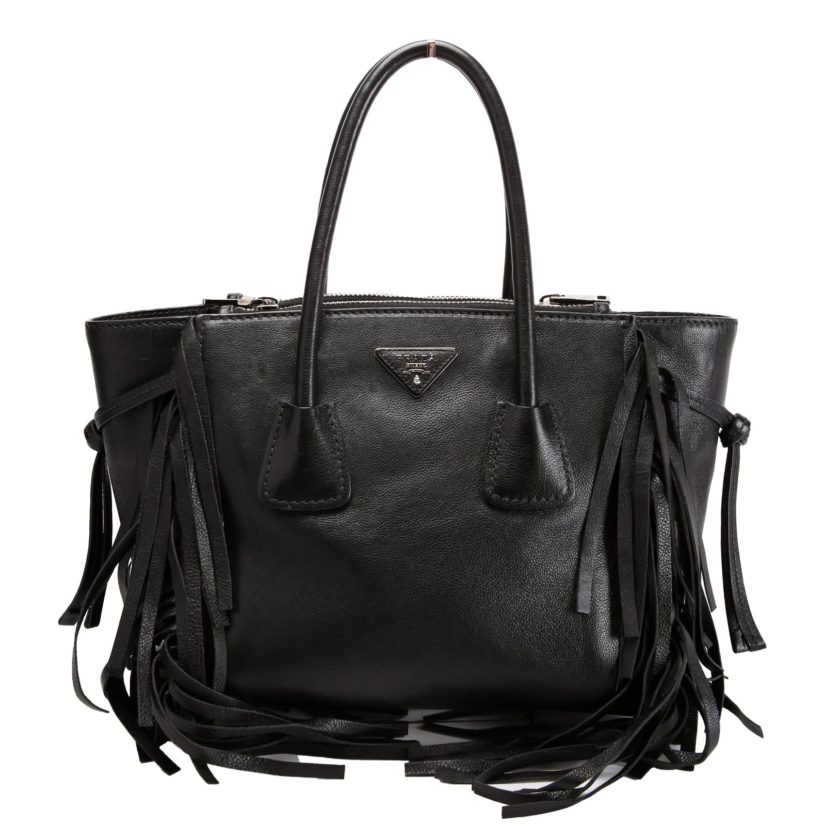 BN2619 Glace Calfskin Fringe Twin Pocket Tote Black