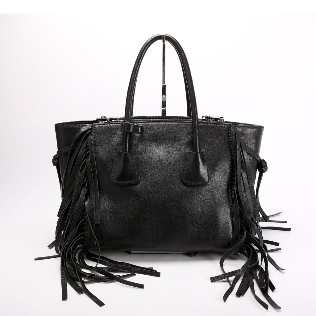 BN2619 Glace Calfskin Fringe Twin Pocket Tote Black