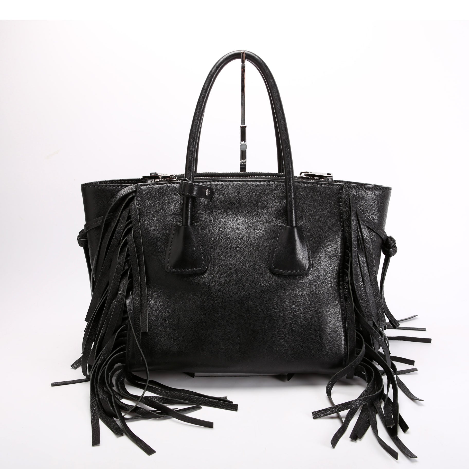 BN2619 Glace Calfskin Fringe Twin Pocket Tote Black