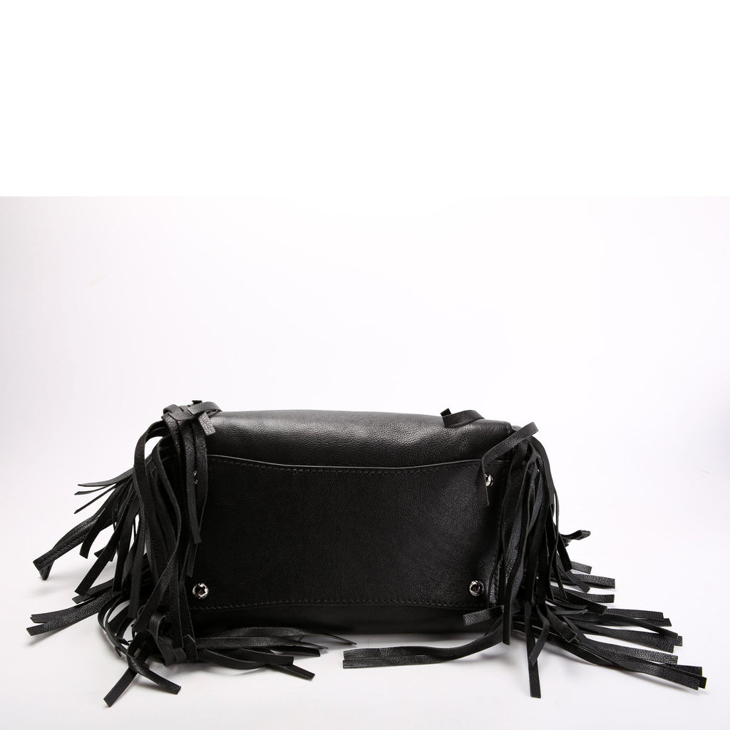 BN2619 Glace Calfskin Fringe Twin Pocket Tote Black