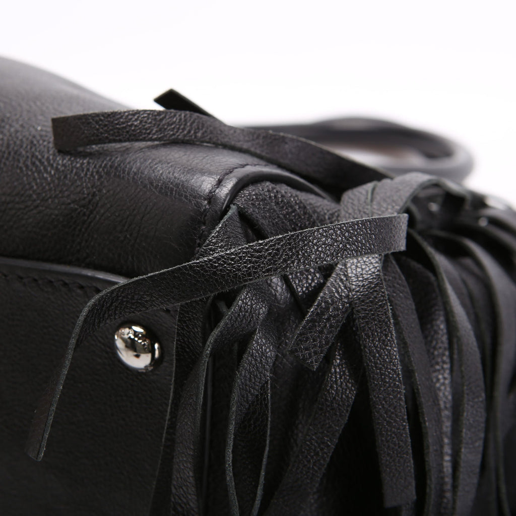 BN2619 Glace Calfskin Fringe Twin Pocket Tote Black
