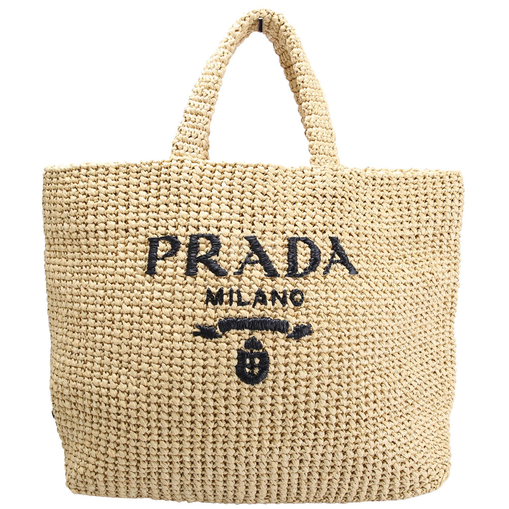 Prada Yarn Raffia Embroidered Tote Tan
