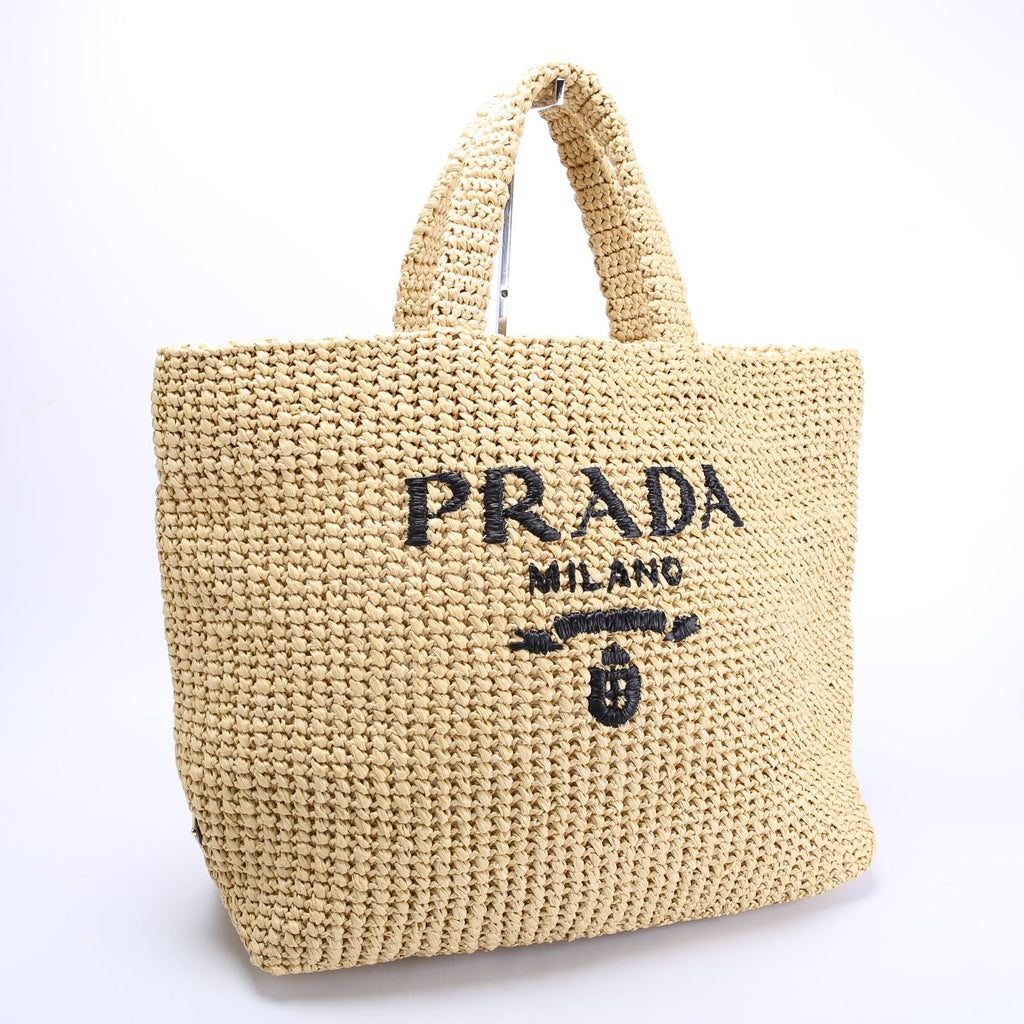 Prada Yarn Raffia Embroidered Tote Tan
