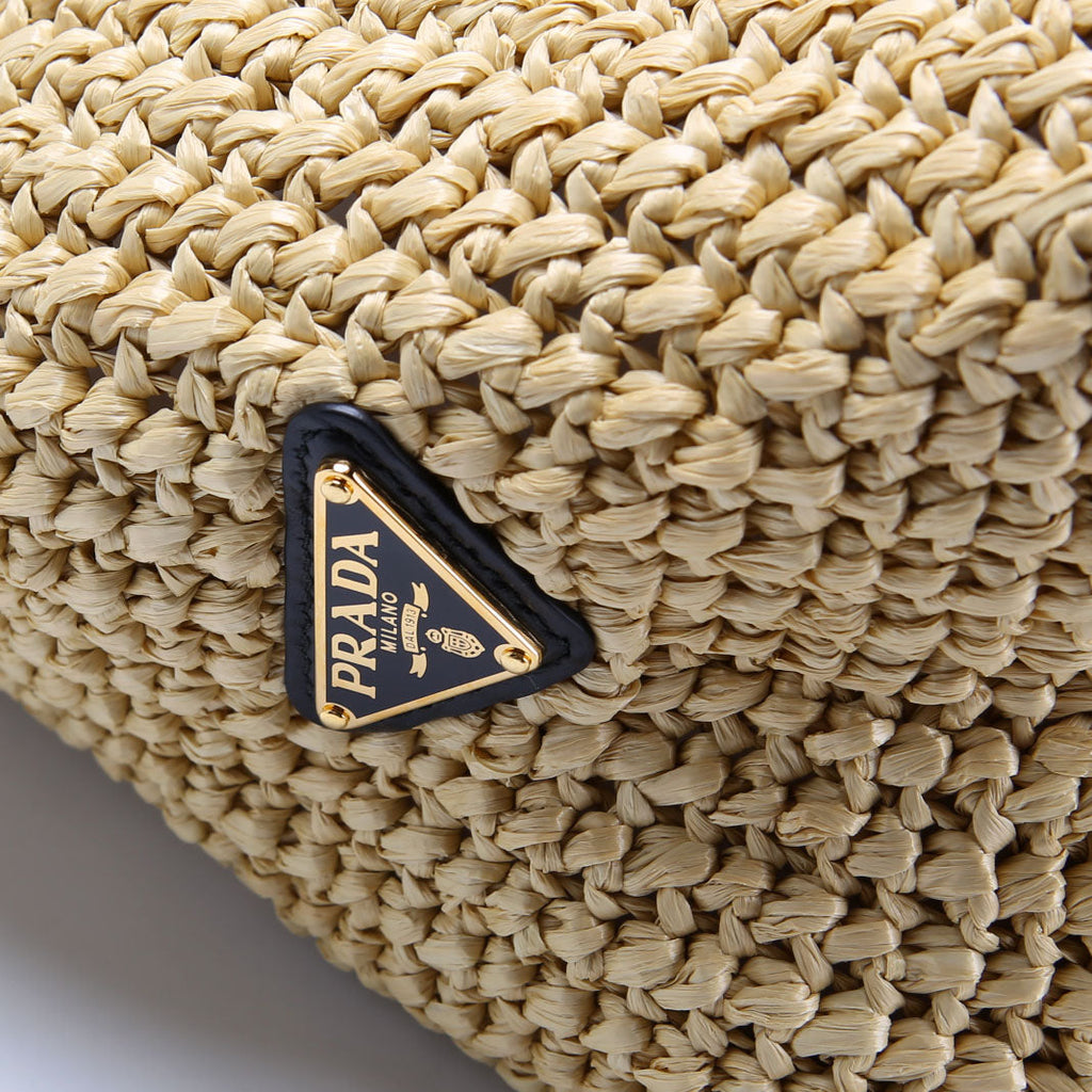 Prada Yarn Raffia Embroidered Tote Tan