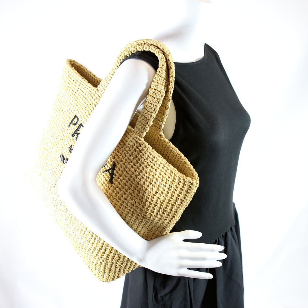 Prada Yarn Raffia Embroidered Tote Tan