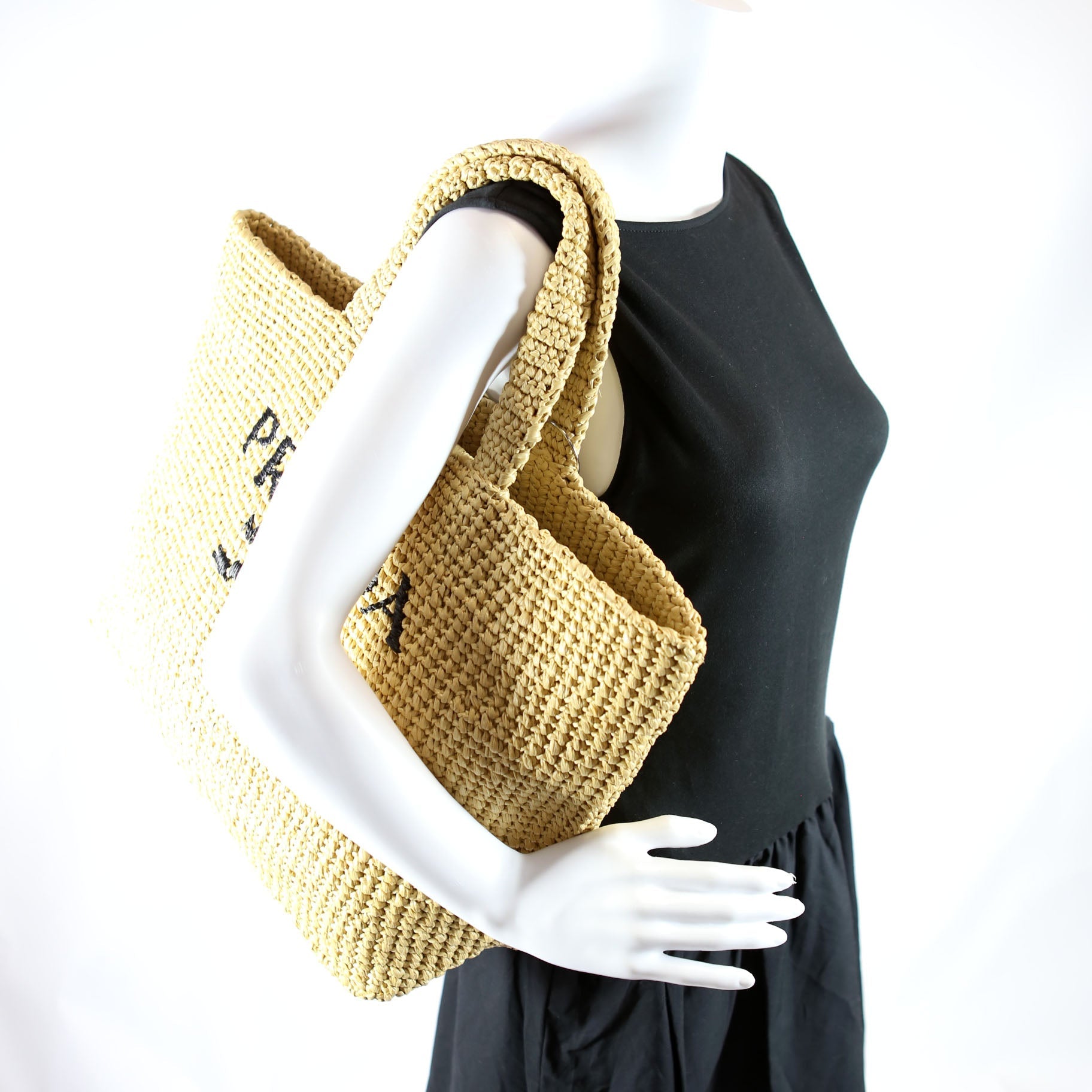 Prada Yarn Raffia Embroidered Tote Tan
