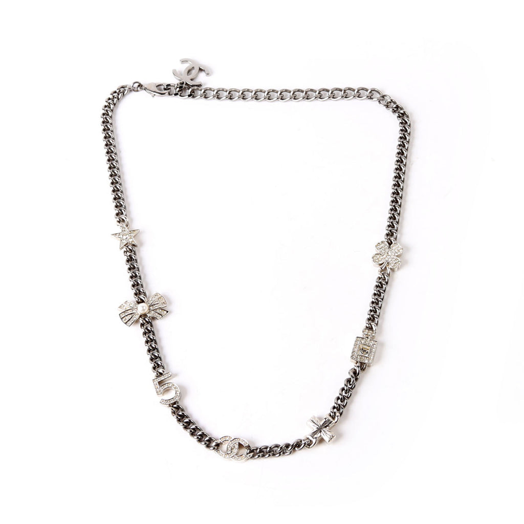 Crystal CC Lucky Charms Chain Choker Necklace Silver/Pearl