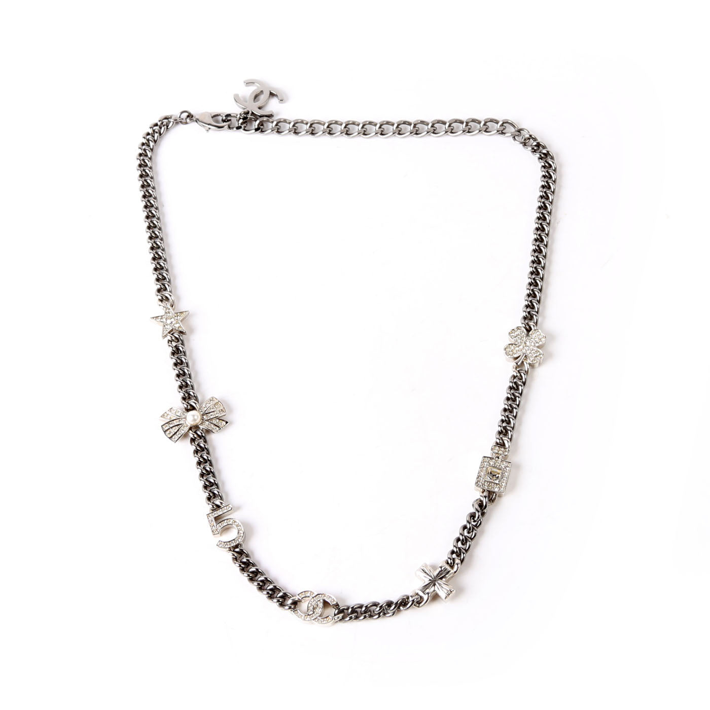Crystal CC Lucky Charms Chain Choker Necklace Silver/Pearl
