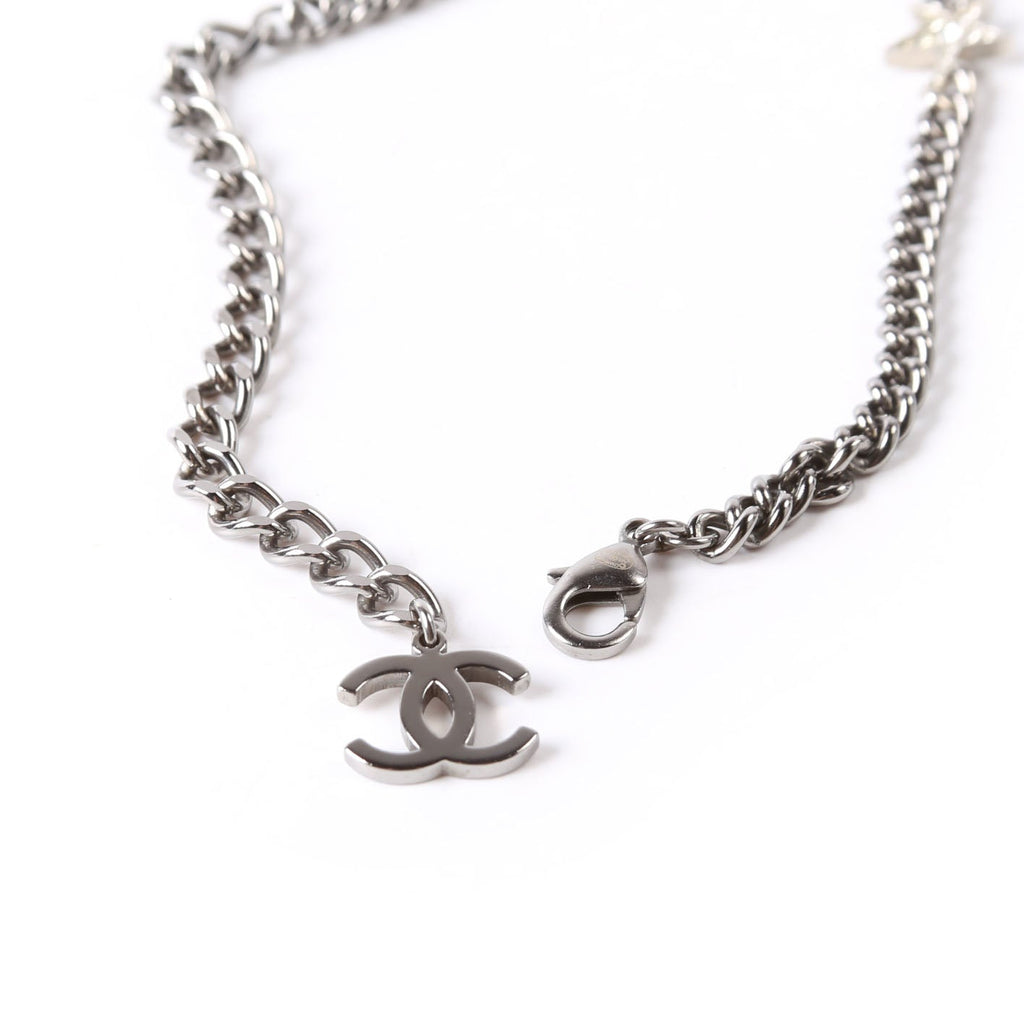 Crystal CC Lucky Charms Chain Choker Necklace Silver/Pearl