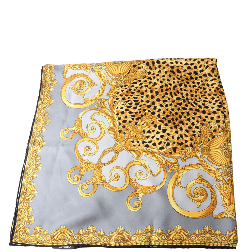 Barocco Cheetah Square Silk Scarf Grey/Gold