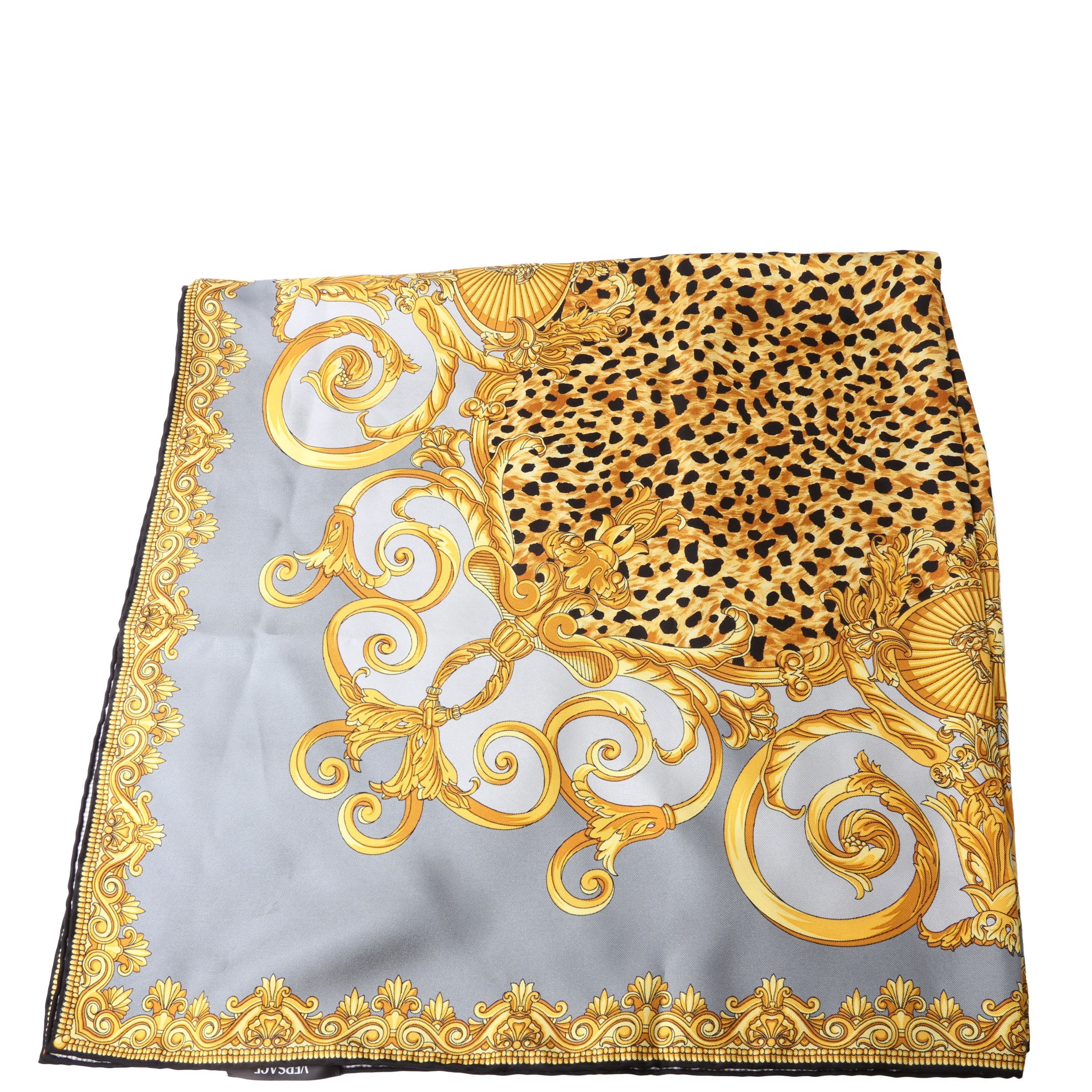 Barocco Cheetah Square Silk Scarf Grey/Gold