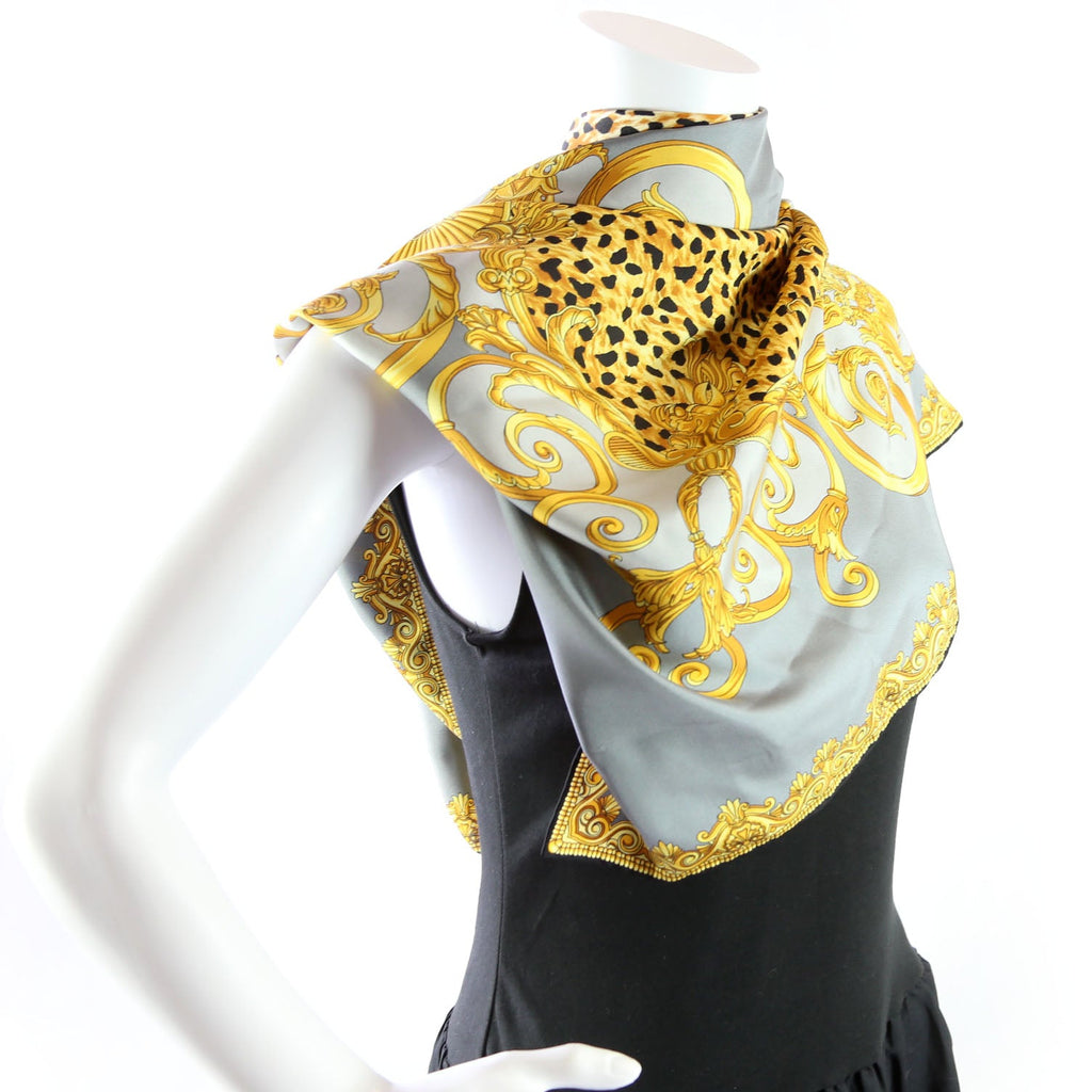 Barocco Cheetah Square Silk Scarf Grey/Gold