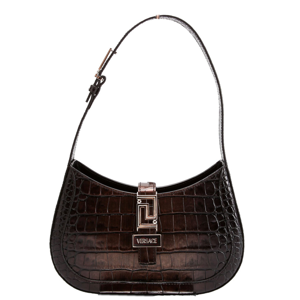 Greca Goddess Crocodile Embossed Small Hobo Black/Brown