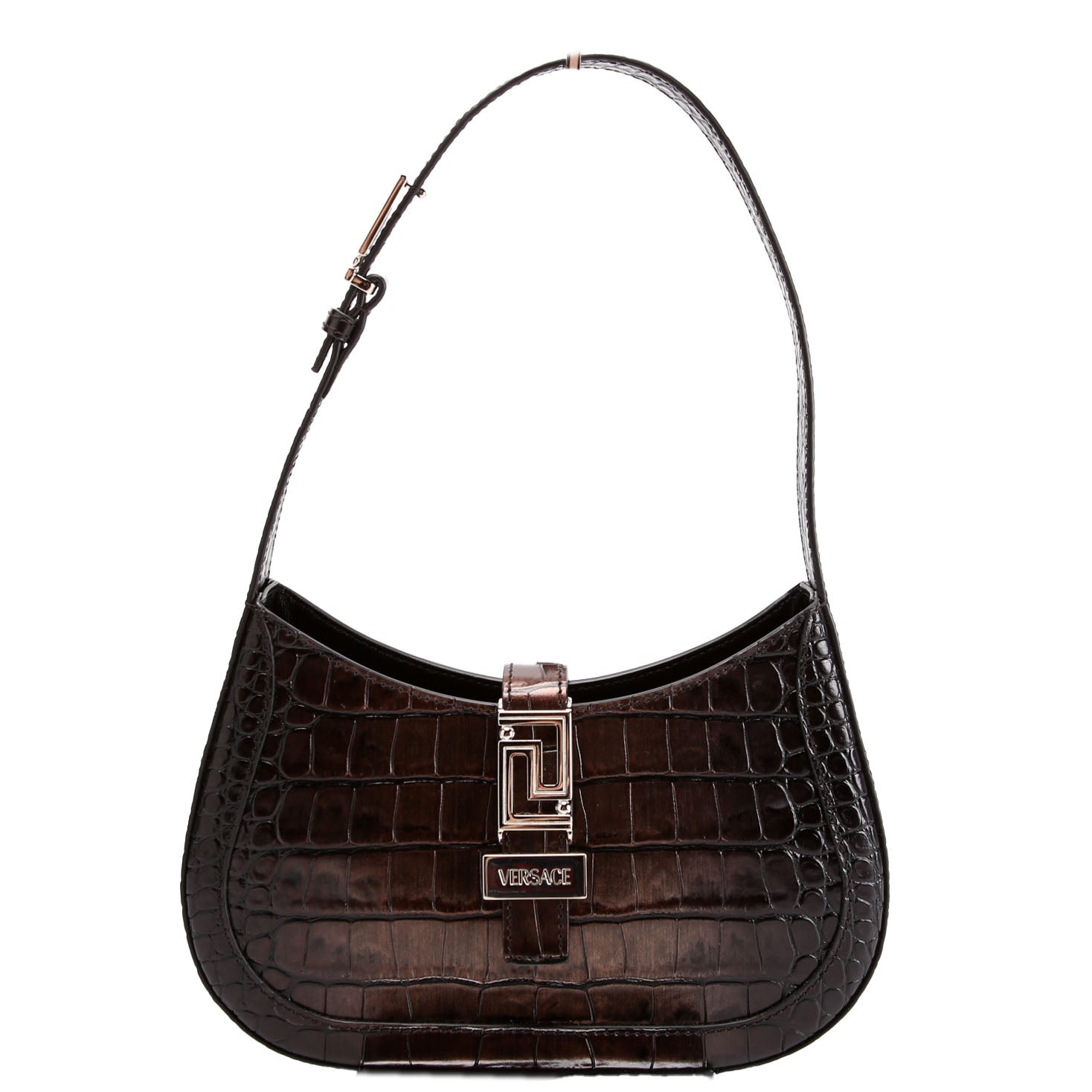 Greca Goddess Crocodile Embossed Small Hobo Black/Brown