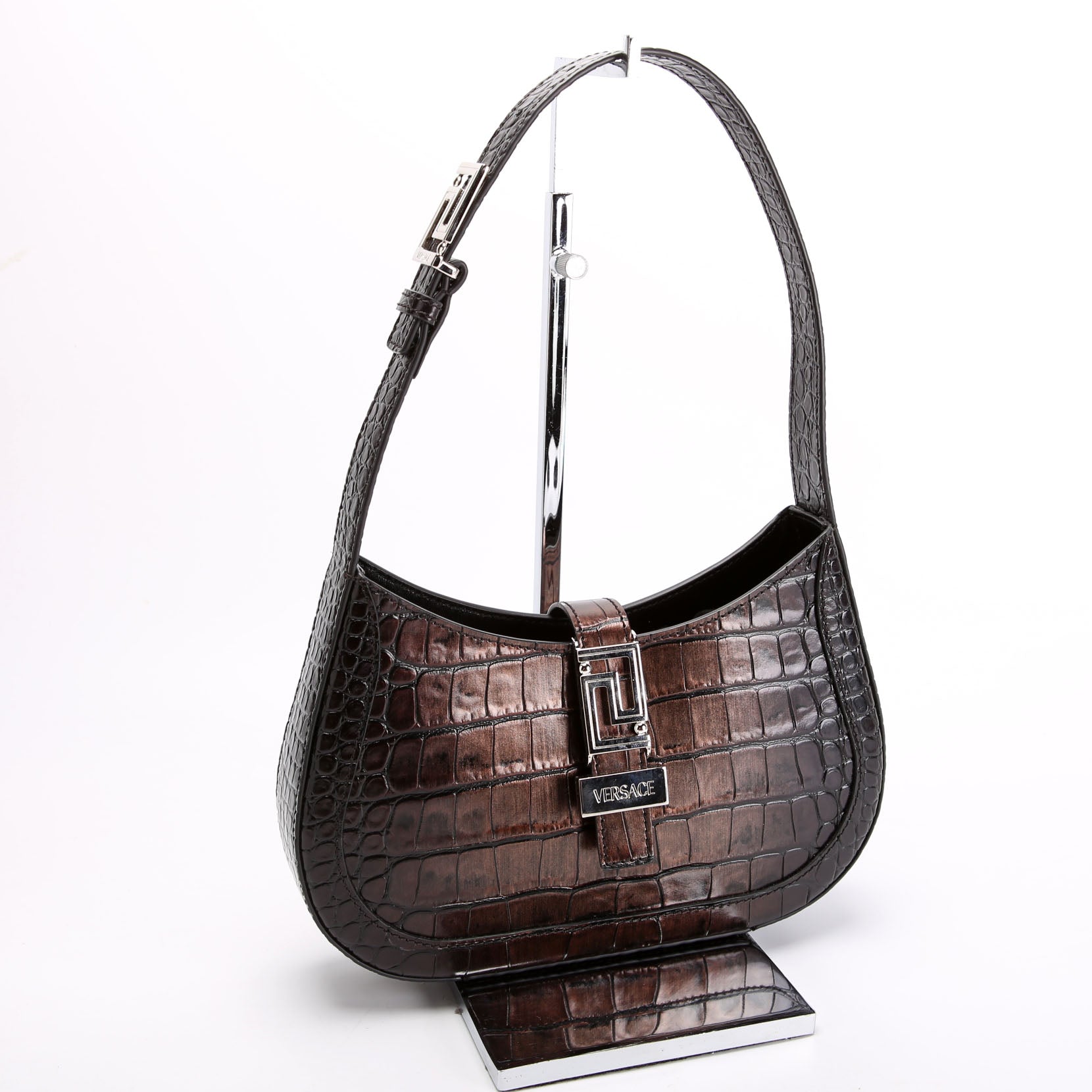 Greca Goddess Crocodile Embossed Small Hobo Black/Brown