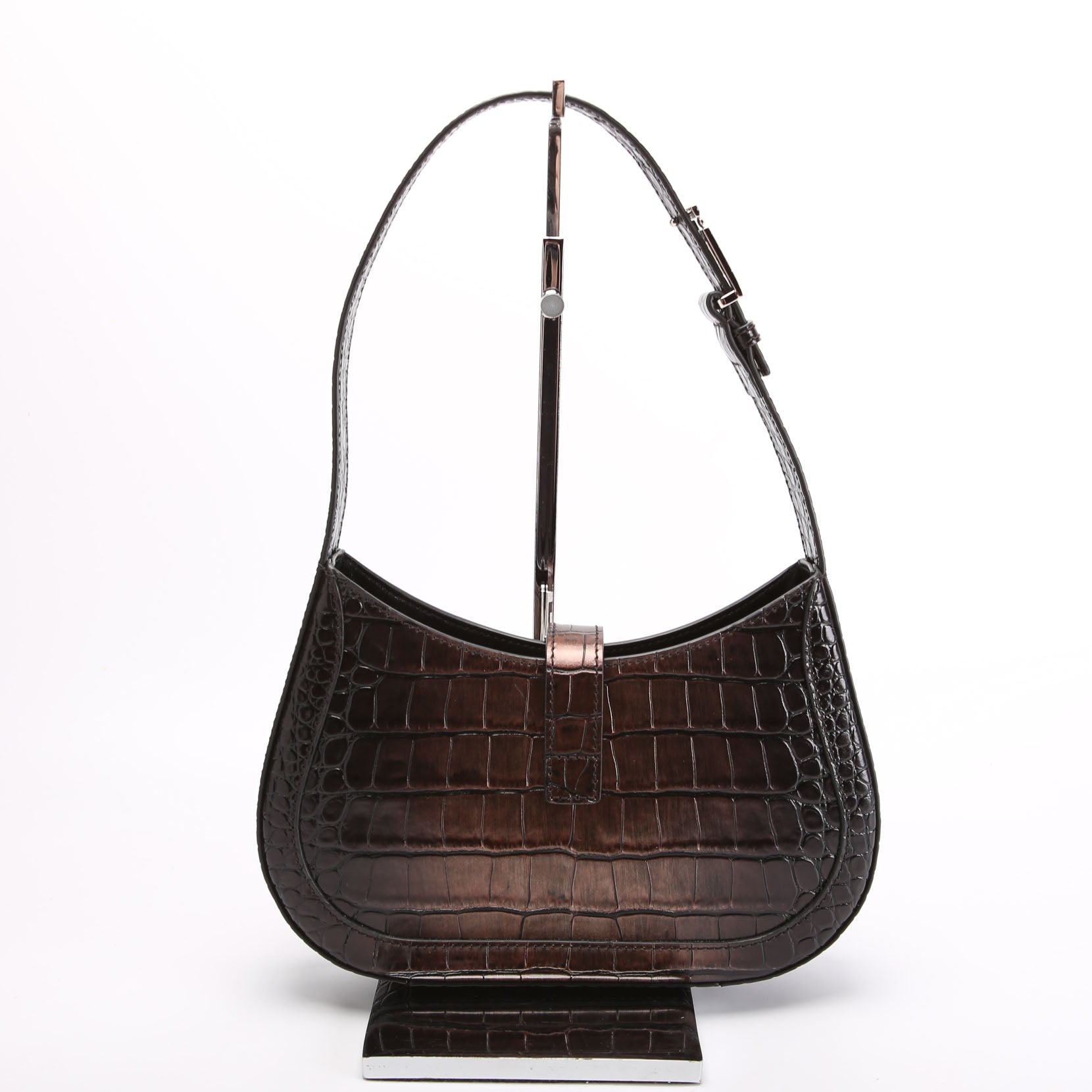Greca Goddess Crocodile Embossed Small Hobo Black/Brown