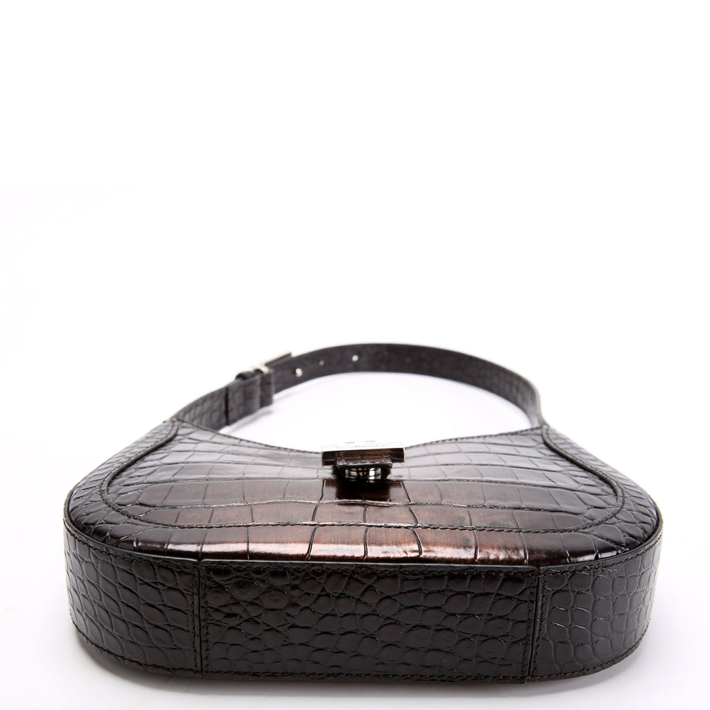 Greca Goddess Crocodile Embossed Small Hobo Black/Brown