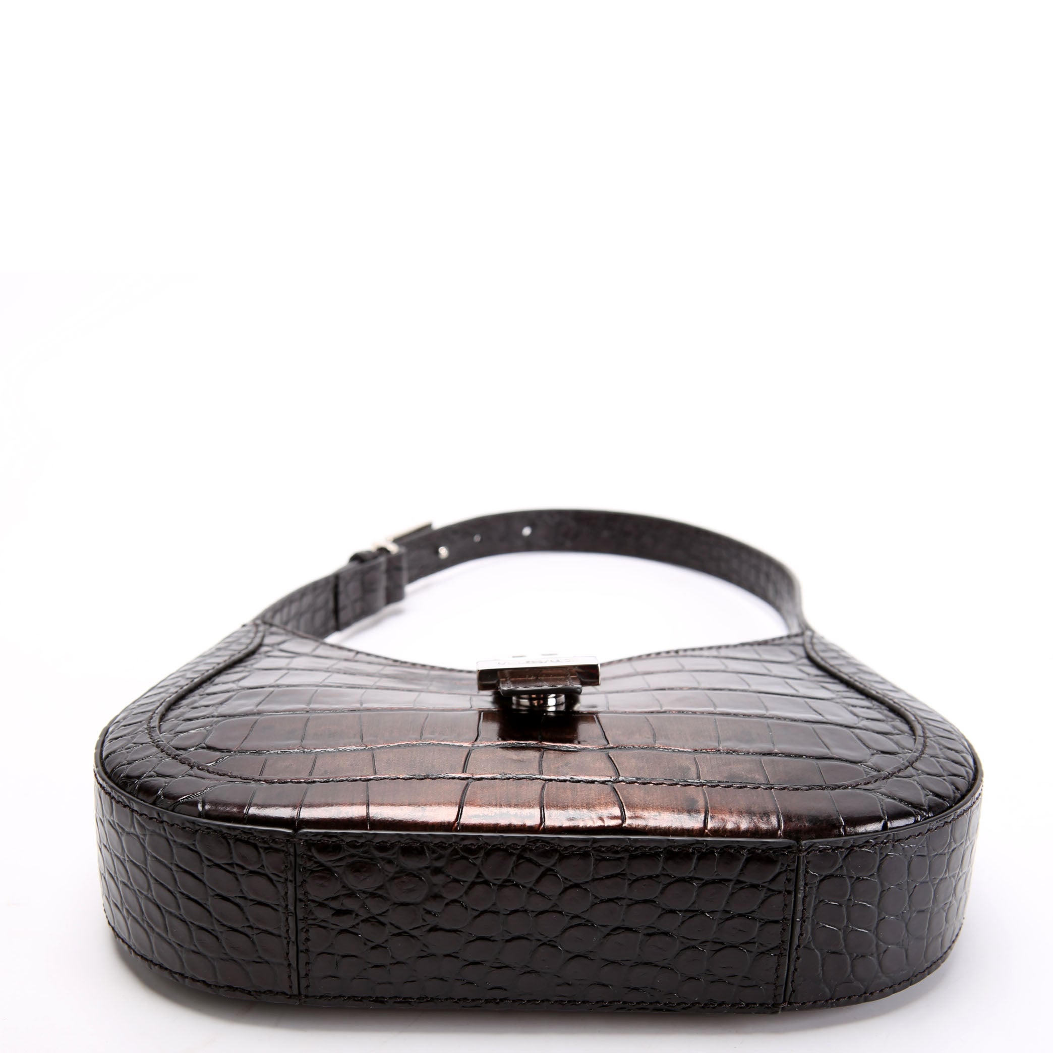 Greca Goddess Crocodile Embossed Small Hobo Black/Brown