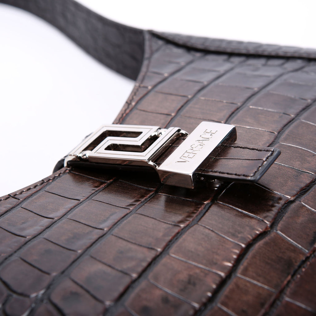 Greca Goddess Crocodile Embossed Small Hobo Black/Brown