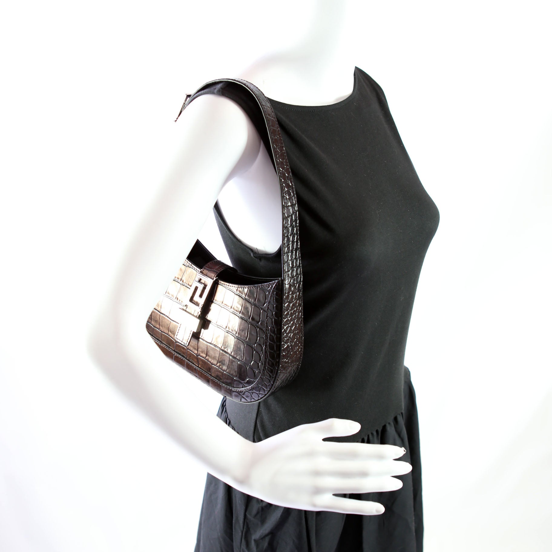 Greca Goddess Crocodile Embossed Small Hobo Black/Brown