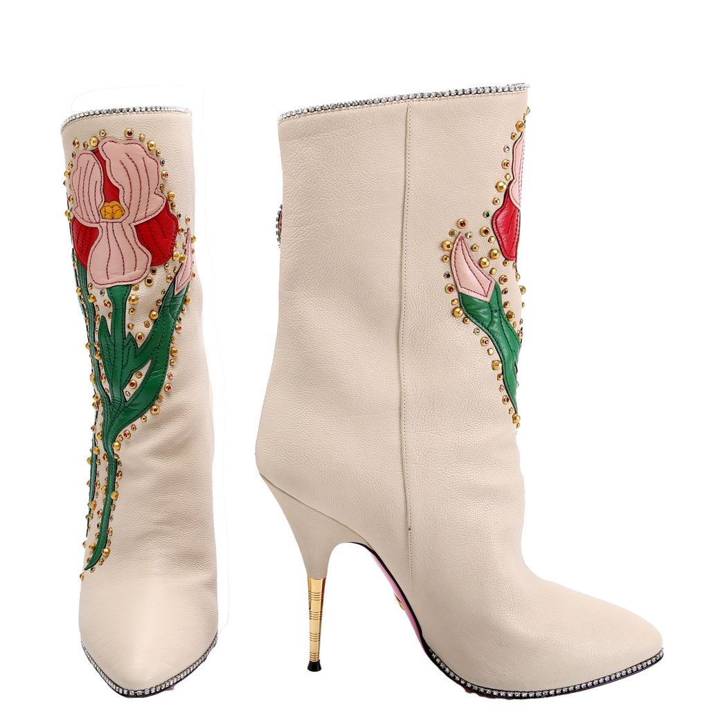 Fosca Floral Crystal Leather Boots Size 40