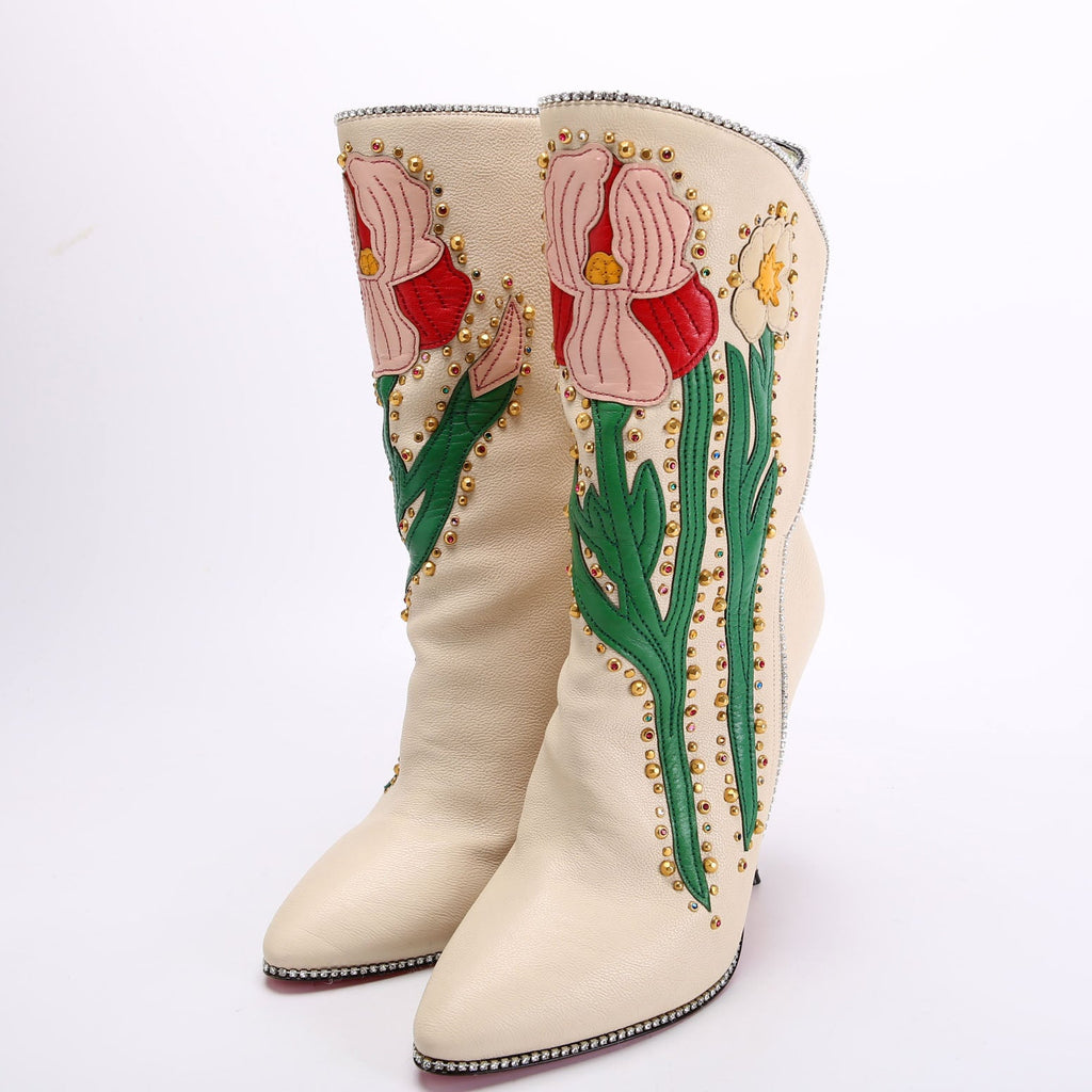 Fosca Floral Crystal Leather Boots Size 40
