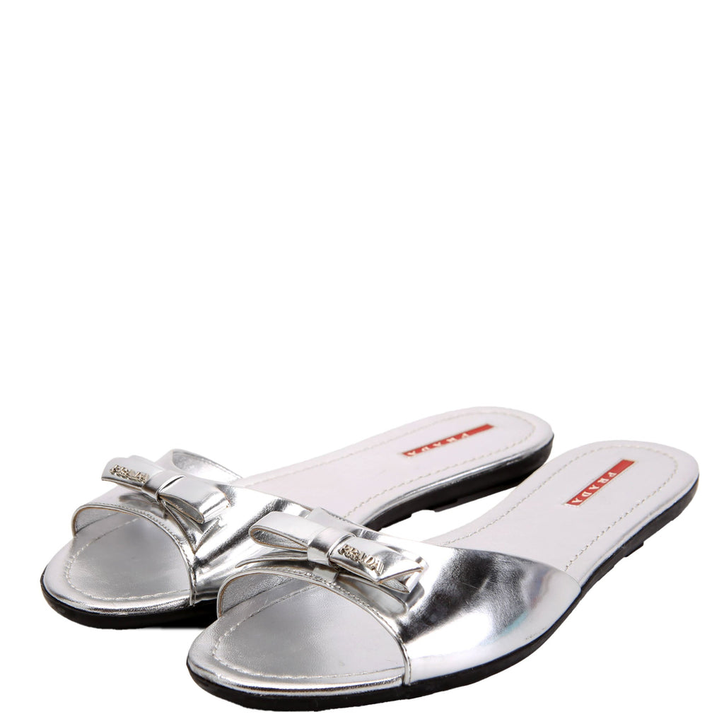 Patent Bow Slide Sandals Size 40 Silver