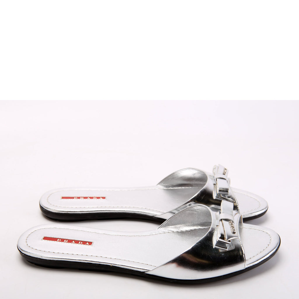 Patent Bow Slide Sandals Size 40 Silver