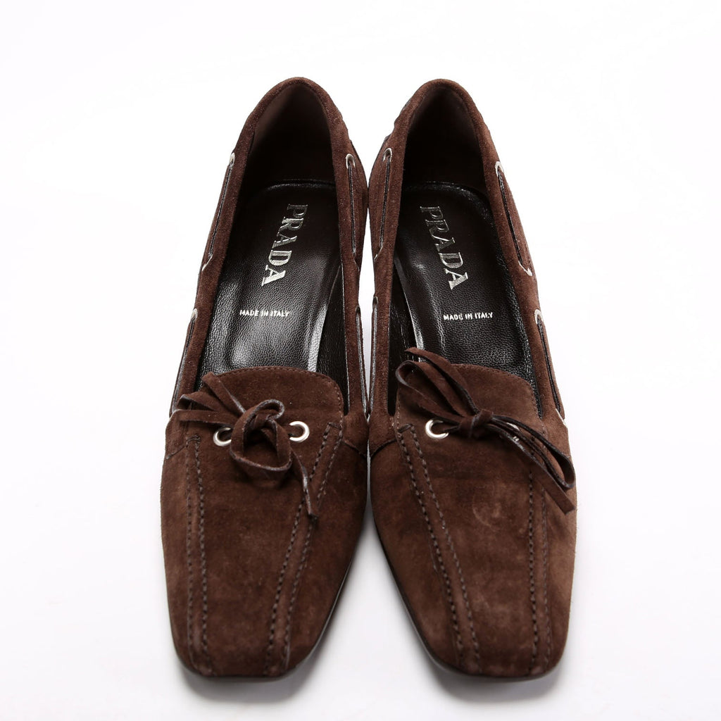 Prada Suede Loafer Kitten Heels Size 41 Brown
