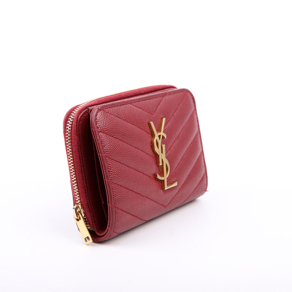 SAINT LAURENT 403723 Cassandre Grain De Poudre Compact Zip Around Wallet Burgundy