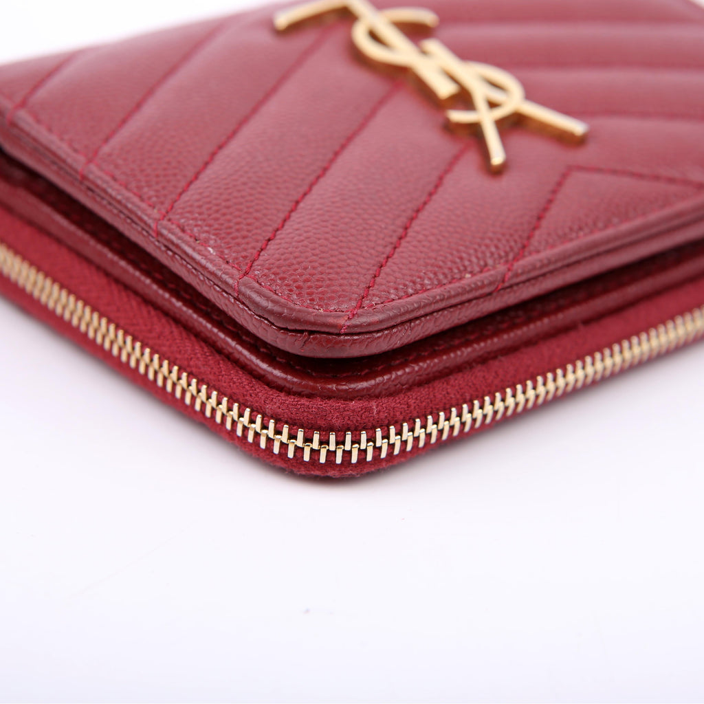 SAINT LAURENT 403723 Cassandre Grain De Poudre Compact Zip Around Wallet Burgundy