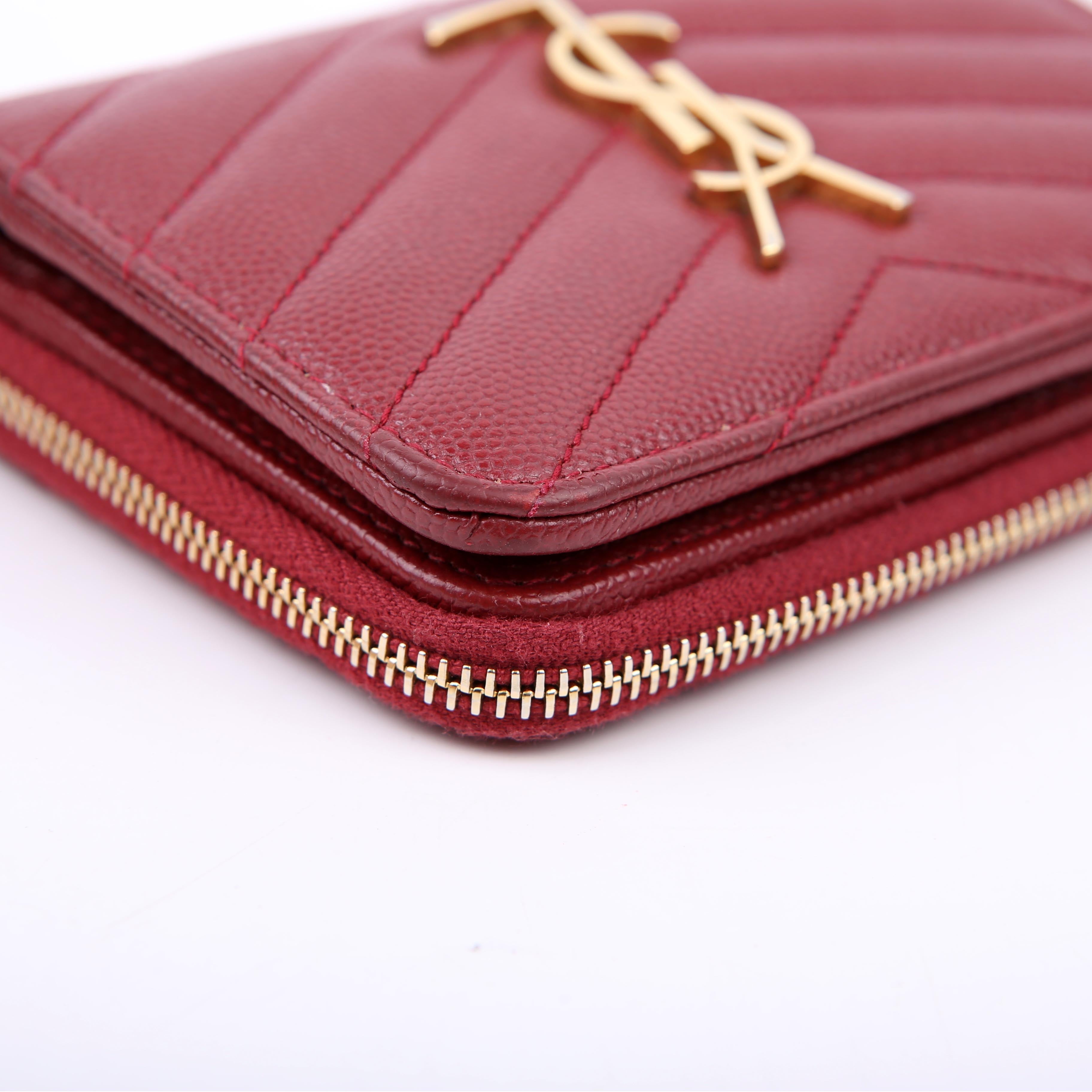 SAINT LAURENT 403723 Cassandre Grain De Poudre Compact Zip Around Wallet Burgundy