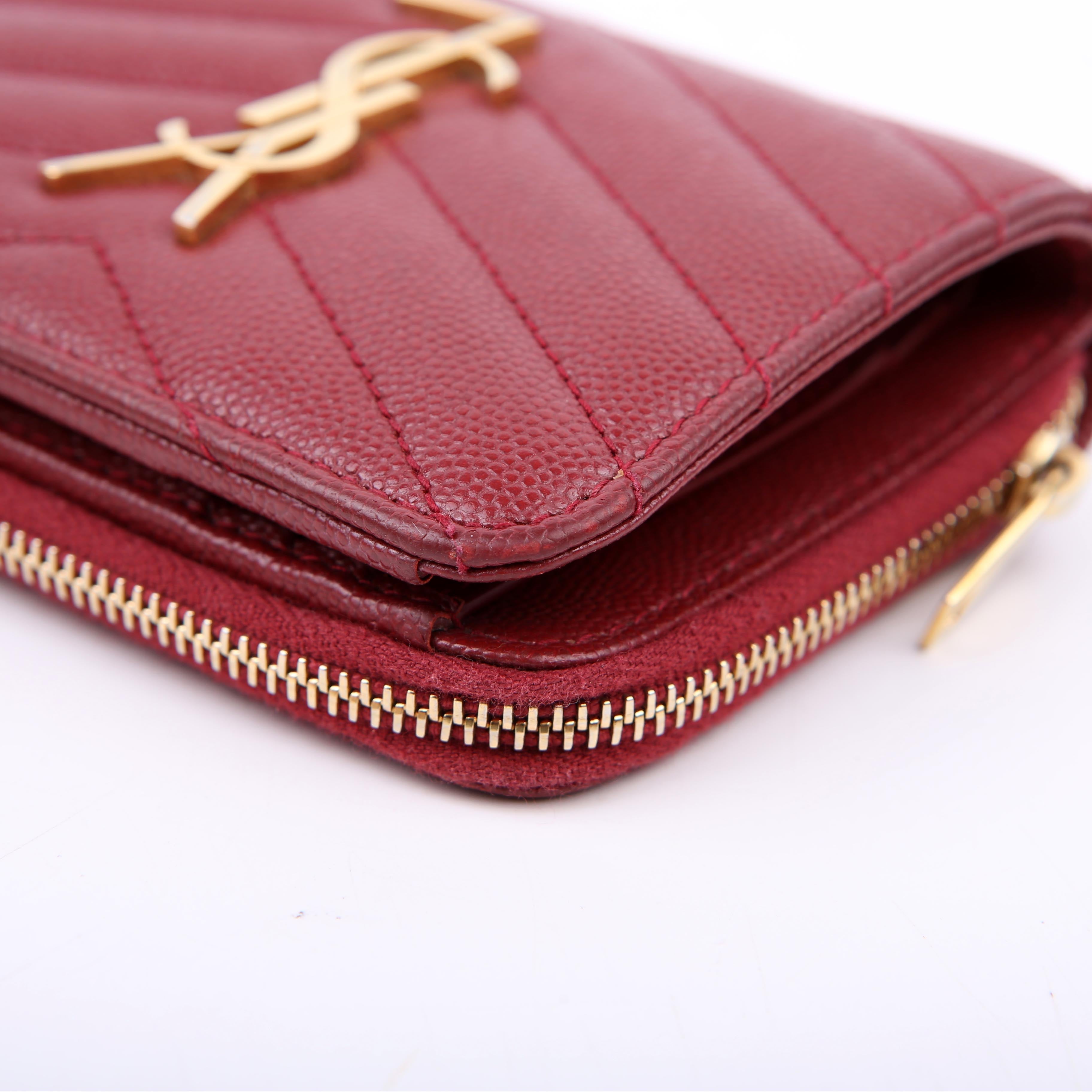 SAINT LAURENT 403723 Cassandre Grain De Poudre Compact Zip Around Wallet Burgundy