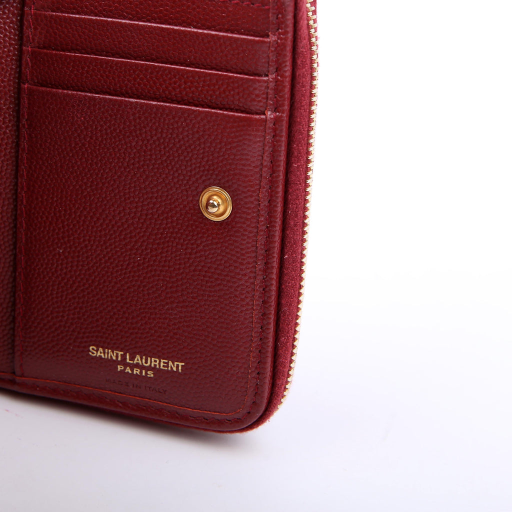 SAINT LAURENT 403723 Cassandre Grain De Poudre Compact Zip Around Wallet Burgundy