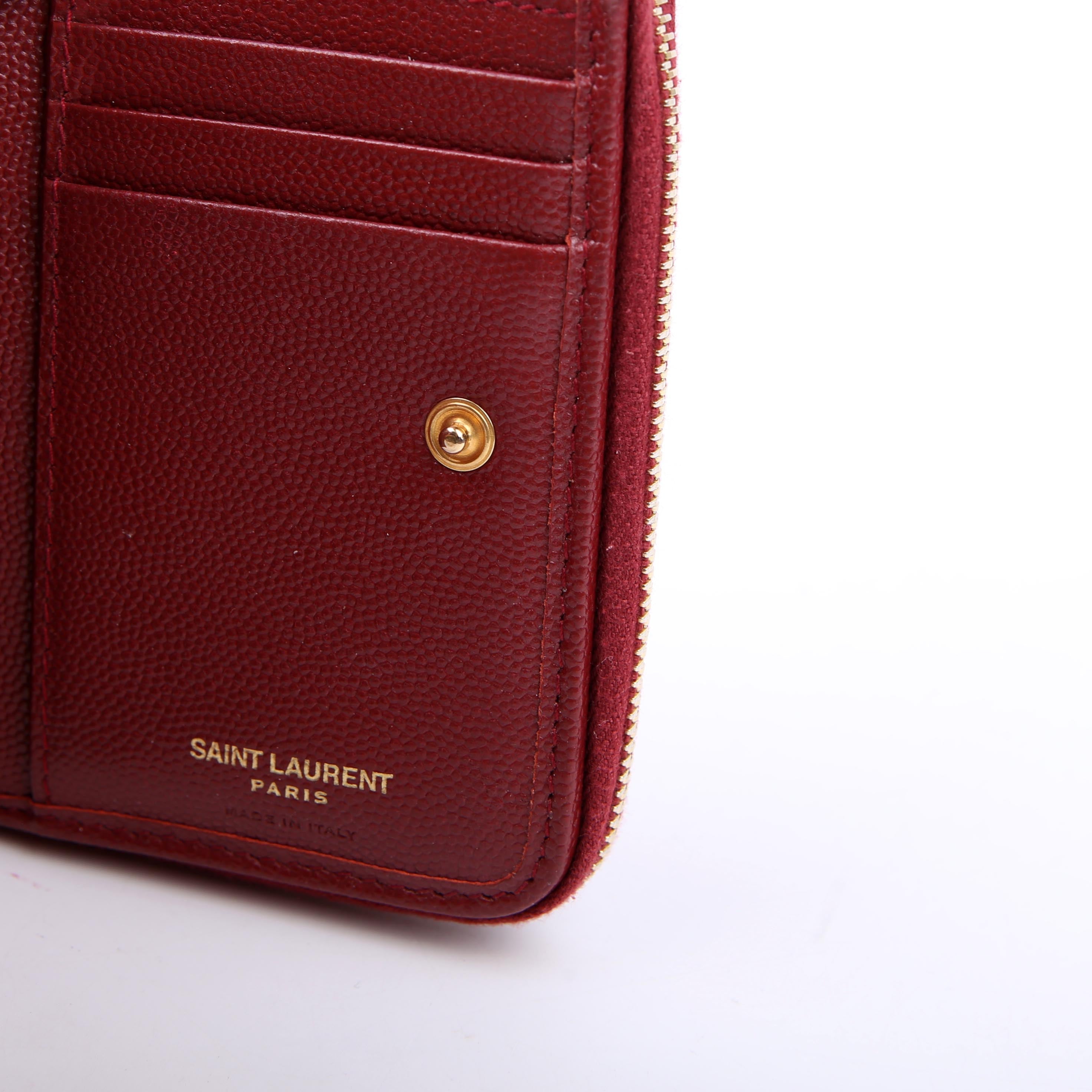 SAINT LAURENT 403723 Cassandre Grain De Poudre Compact Zip Around Wallet Burgundy