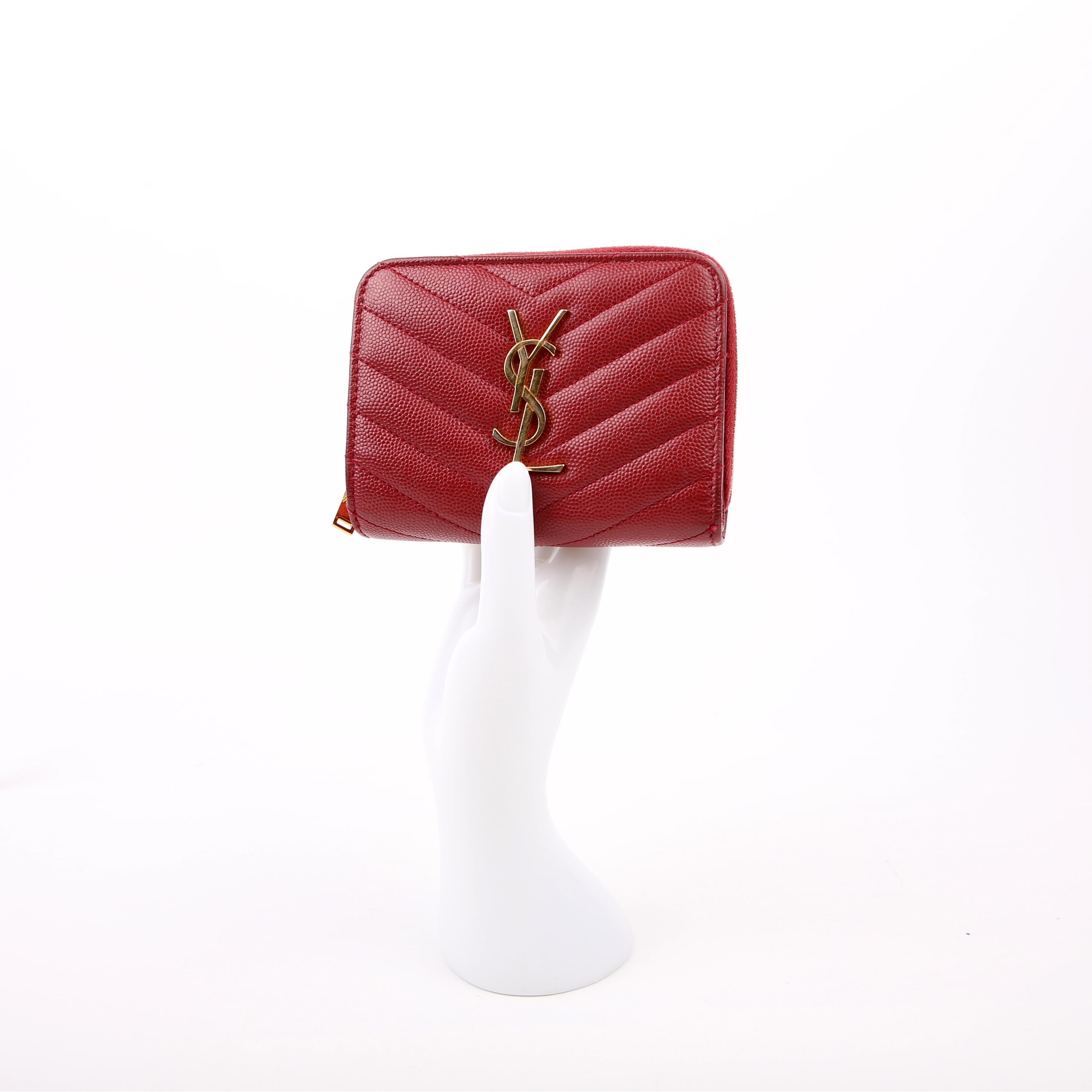 SAINT LAURENT 403723 Cassandre Grain De Poudre Compact Zip Around Wallet Burgundy