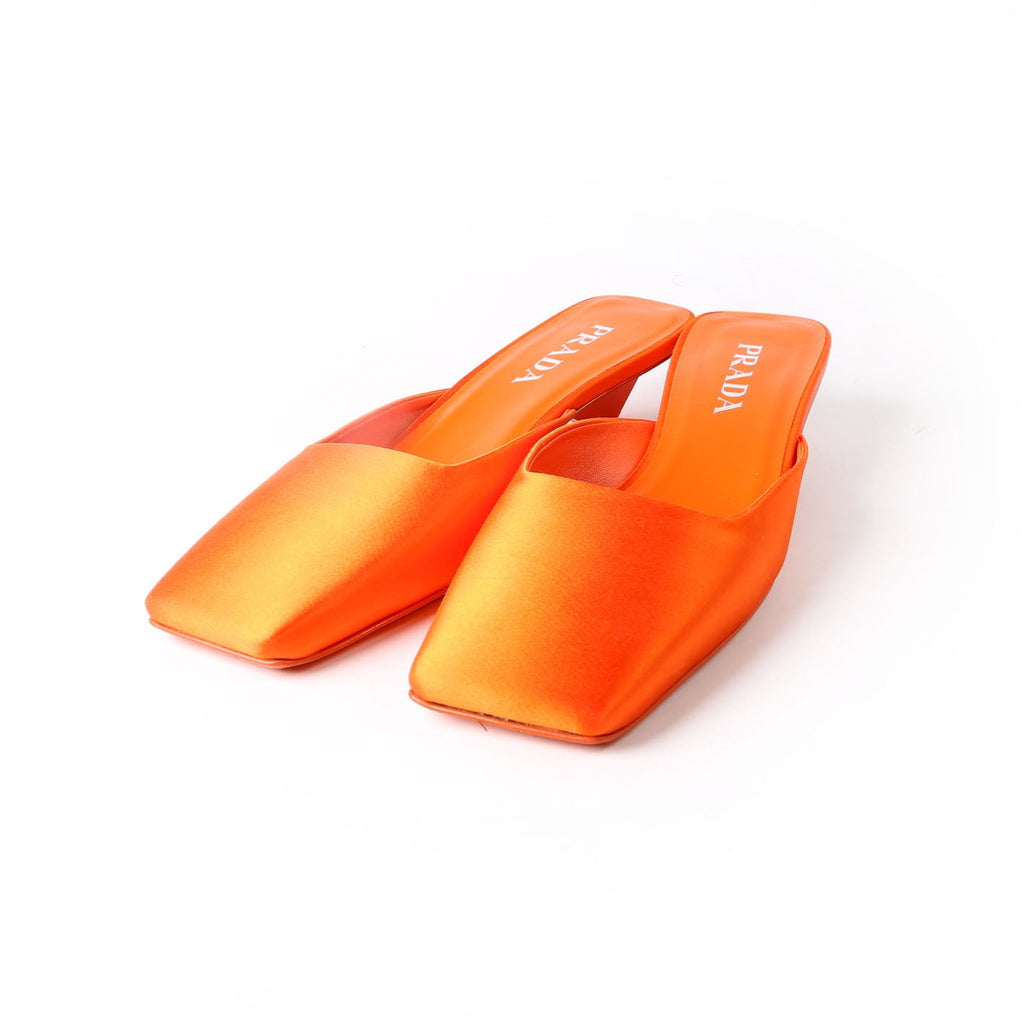 Prada Square Toe Satin Mules 37.5 Orange
