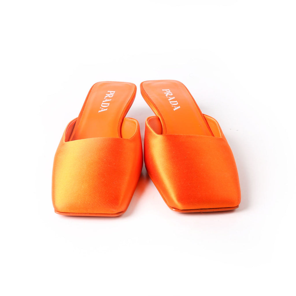 Prada Square Toe Satin Mules 37.5 Orange