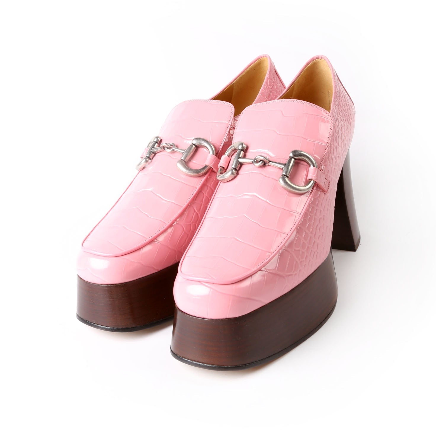 Horsebit Crocodile Embossed Platform Loafers Size 41 Pink