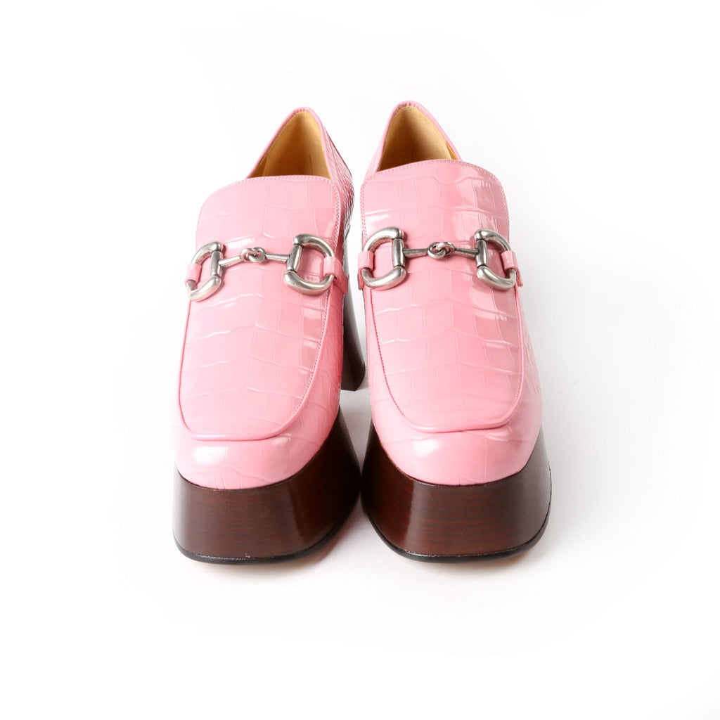 Horsebit Crocodile Embossed Platform Loafers Size 41 Pink