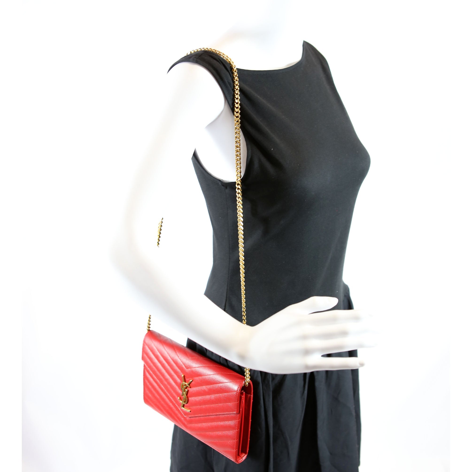 SAINT LAURENT Grain De Poudre Chain Wallet 377828 Red