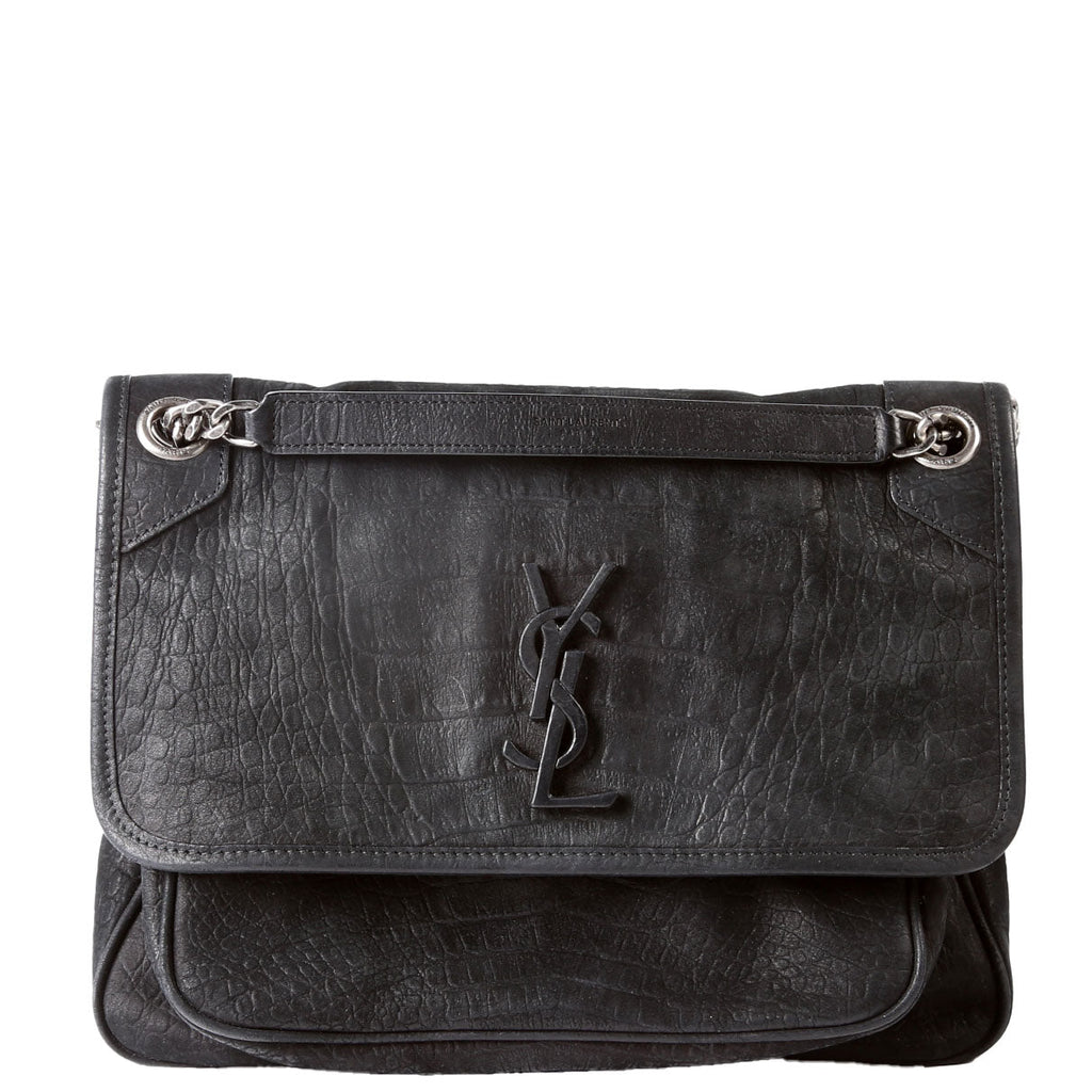 SAINT LAURENT Crocodile Embossed Nubuck Niki Medium Satchel 633150 Black