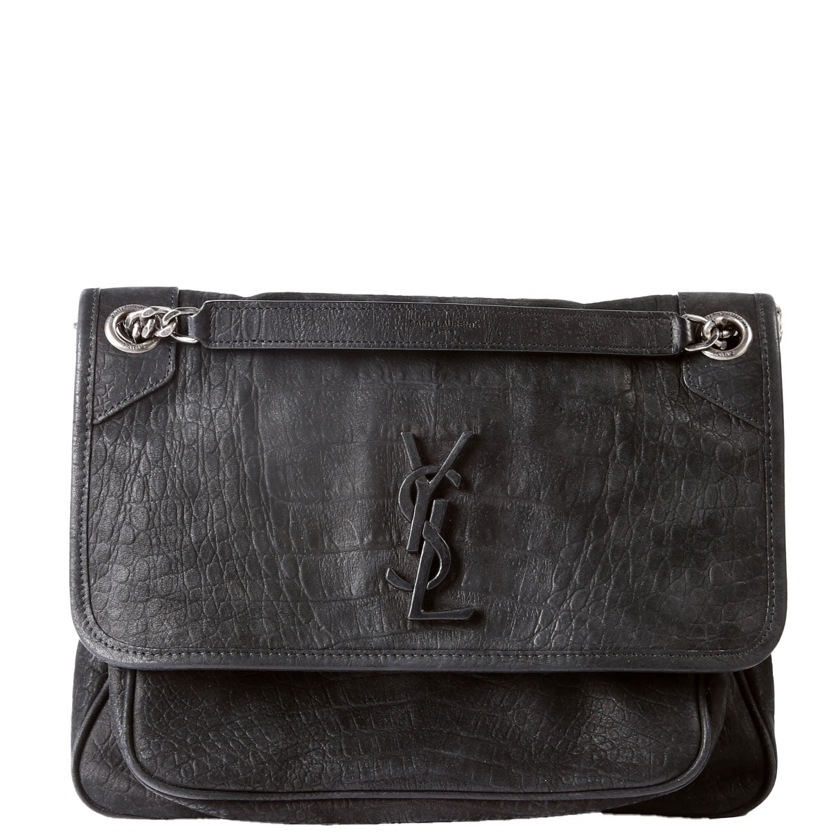 SAINT LAURENT Crocodile Embossed Nubuck Niki Medium Satchel 633150 Black
