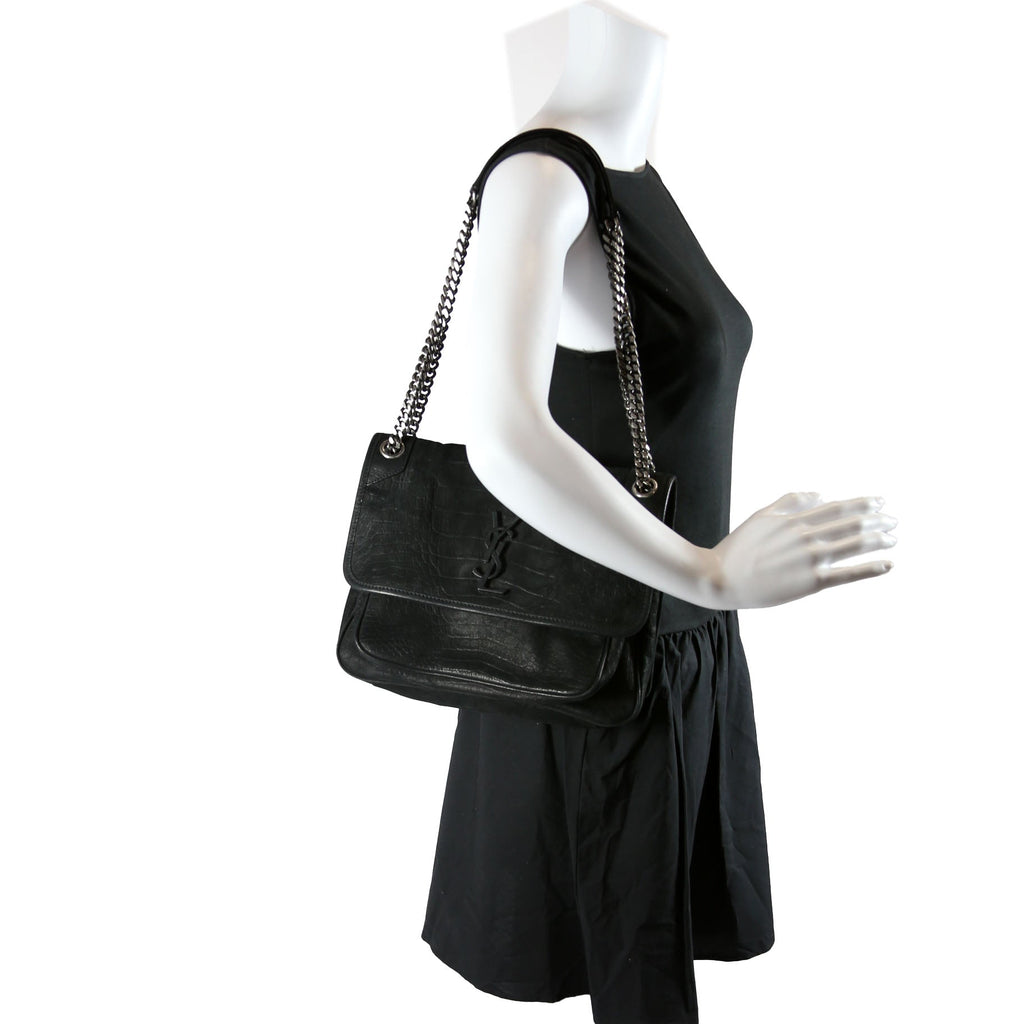 SAINT LAURENT Crocodile Embossed Nubuck Niki Medium Satchel 633150 Black