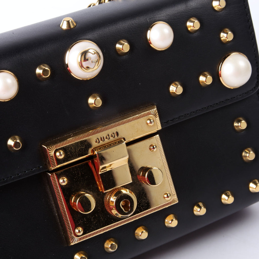 Gucci 432182 Padlock Pearl Leather Small Black/Pearl