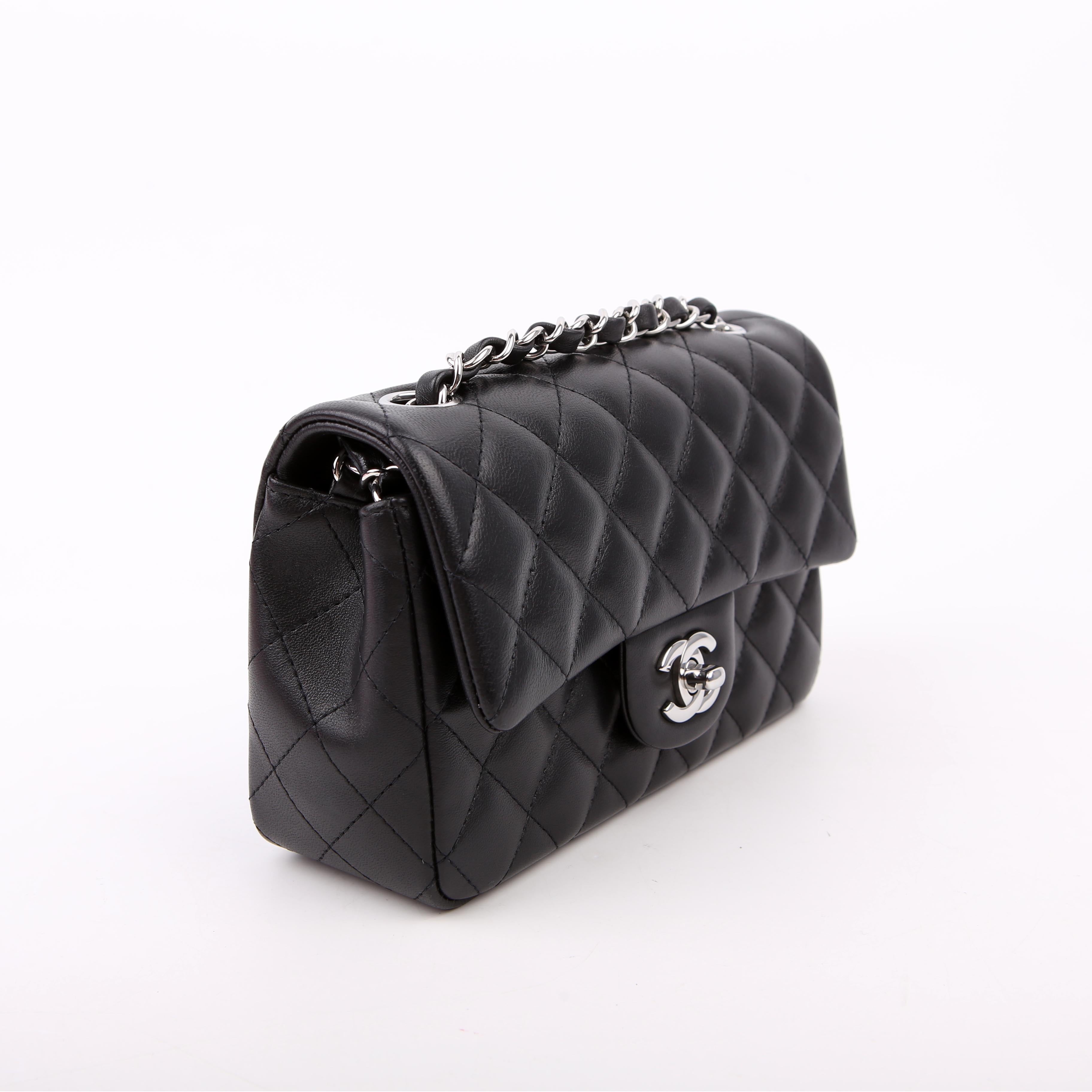 Classic Flap Mini Rectangle Lambskin RFID Black/Silver