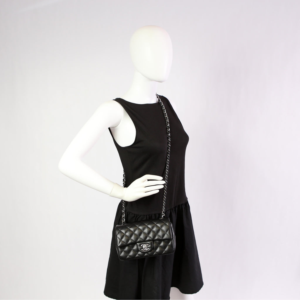 Classic Flap Mini Rectangle Lambskin RFID Black/Silver
