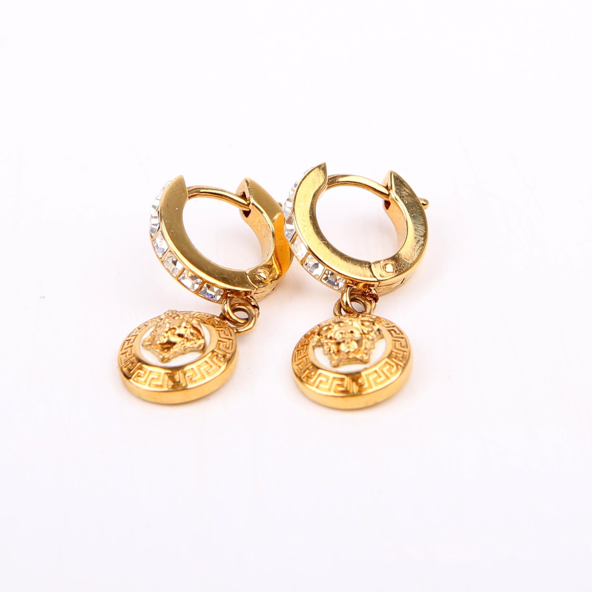 Medusa Strass Drop Hoop Earrings Gold