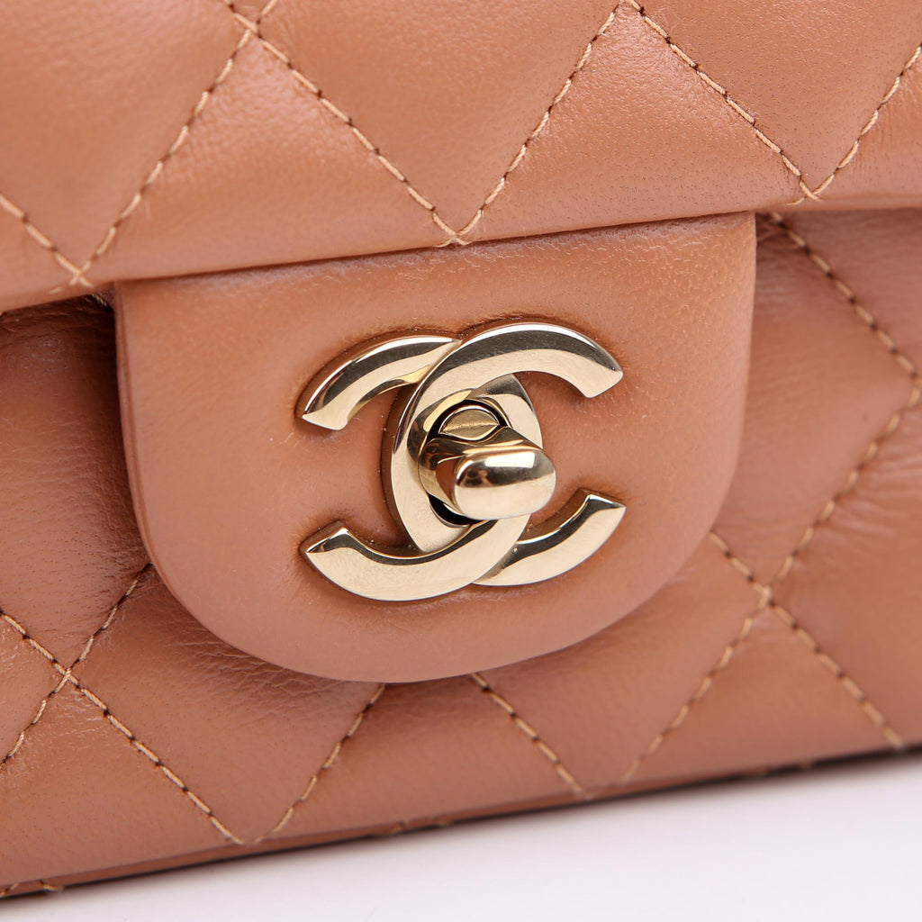 Classic Flap Mini Rectangle Lambskin RFID Tan