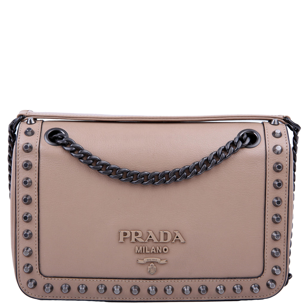 Prada Grace Calfskin Studded Crossbody Tan